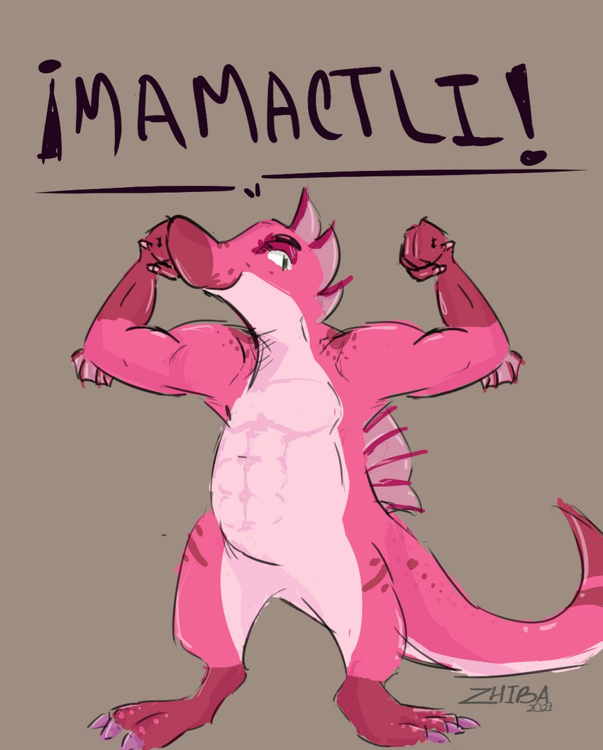 anthro barazoku humor joke male muscular muscular_anthro muscular_male pink_body solo zhibita cipactli_(character) dinosaur prehistoric_species reptile scalie spinosaurid spinosaurus theropod colored_sketch digital_media_(artwork) hi_res sketch