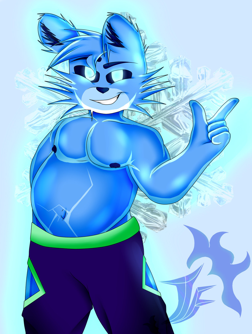 anthro areola belly big_belly black_sclera blue_body blue_bottomwear blue_clothing blue_ears blue_eyes blue_fur blue_hair blue_nipples blue_pants bottomwear clothed clothing crotch_lines fluffy_ears fur glowing glowing_eyes grin hair half-closed_eyes hand_on_hip ice looking_at_viewer male musclegut muscular narrowed_eyes navel nipples overweight overweight_male pants pecs slightly_chubby smile snowflake solo thigh_window topless jflare205 kirene_yukira_(jflare205) bear mammal hi_res watermark