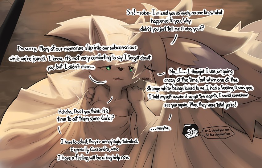 anthro bedding blanket blanket_only bodily_fluids breasts cleavage clothed clothing crying dialogue dipstick_ears duo_focus ear_markings eyes_closed female fluffy fluffy_tail fur green_eyes group hair hand_on_shoulder long_hair medium_breasts multicolored_ears open_mouth rhyme tail tears text trio white_body white_fur white_hair ozoneserpent jingle_(ozoneserpent) leah_amor lily_(ozoneserpent) canid canine canis mammal wolf 2023 english_text sibling_(lore) sister_(lore) sisters_(lore)