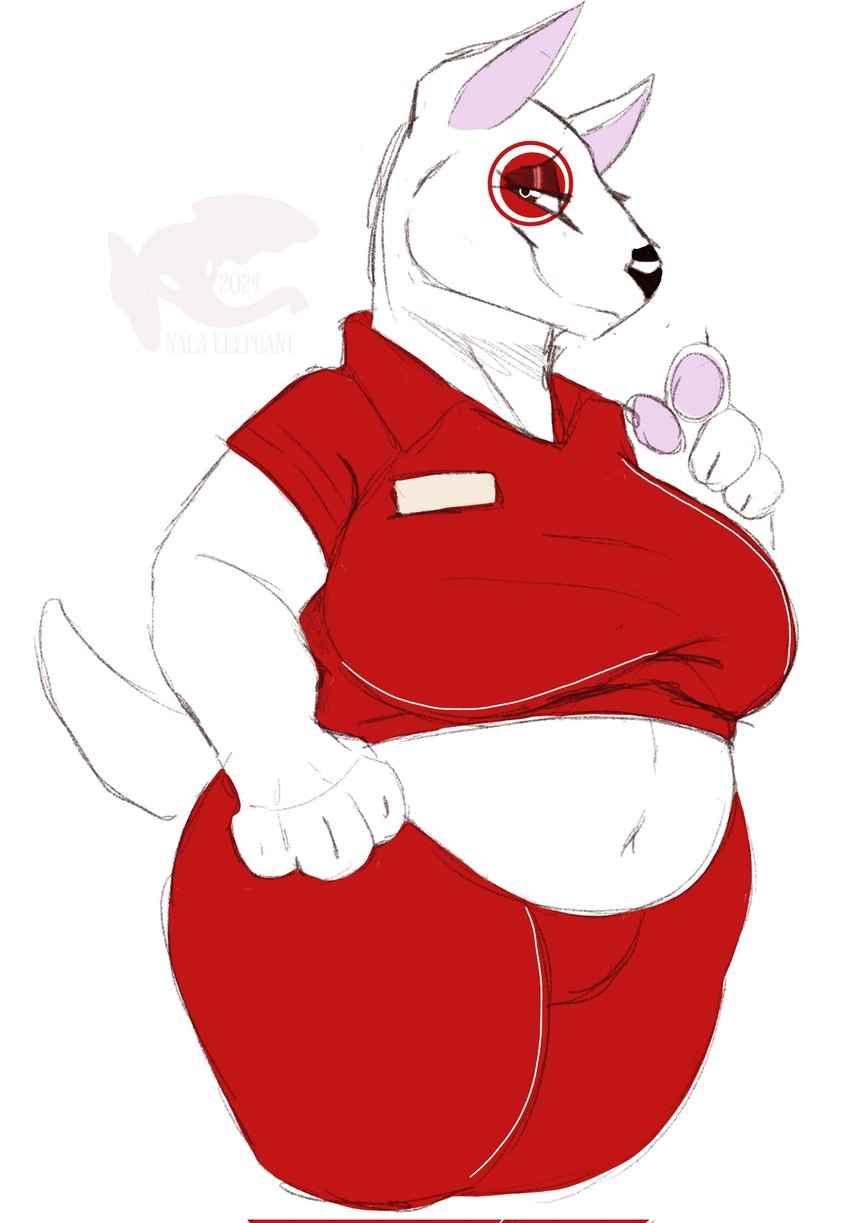 anthro belly big_breasts bottomwear breasts clothing collared_shirt facial_markings female fur head_markings logo looking_at_viewer markings mascot name_tag navel overweight overweight_anthro overweight_female red_bottomwear red_clothing smile solo tail thick_thighs white_body white_fur nala_elephant target_corporation bullseye_(target) bull_terrier canid canine canis domestic_dog hunting_dog mammal terrier 2024 artist_logo artist_name hi_res