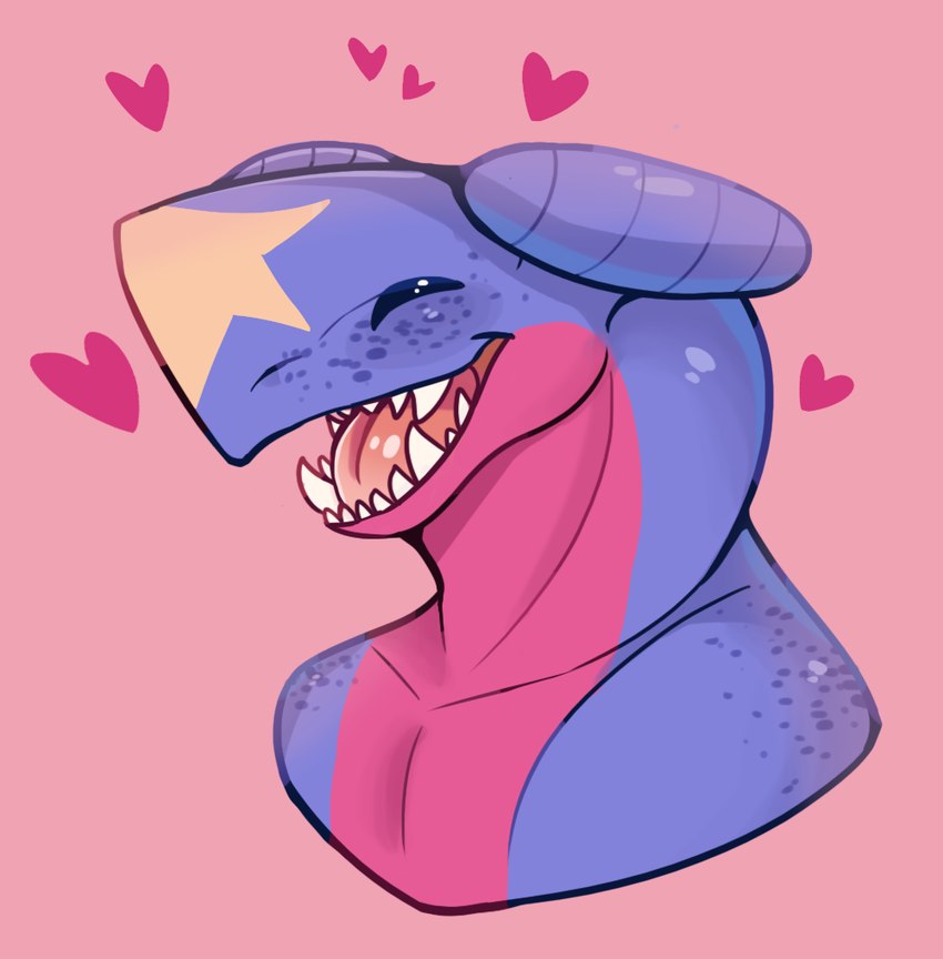 ambiguous_gender anthro countershade_face countershade_neck countershading eyes_closed hearts_around_head open_mouth open_smile sharp_teeth smile solo teeth tongue aevris nintendo pokemon garchomp generation_4_pokemon pokemon_(species) bust_portrait portrait