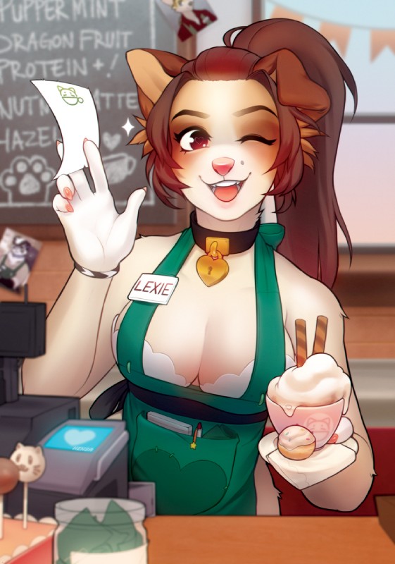 anthro apron barista beverage bra breasts brown_eyes brown_hair brown_markings cafe cash_register claws cleavage clothed clothing coffee coffee_shop collar collar_tag container facial_markings facial_piercing female finger_claws floppy_ears food frilly frilly_bra frilly_clothing frilly_underwear fur hair head_markings heart_eyes heart_symbol jar looking_at_viewer markings medium_breasts nose_piercing one_eye_closed open_mouth open_smile pastry pen_in_pocket piercing pink_claws pink_nose ponytail seam_(sewing) smile solo tan_body tan_fur text tip_jar tongue underwear waiter wink wristband waitress_(artist) lexie canid canine canis domestic_dog mammal 2019 digital_media_(artwork) english_text hi_res shaded