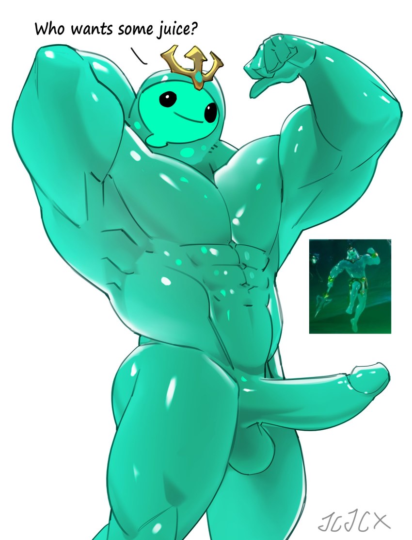 anthro crown crown_only erection flexing_muscles genitals headgear male moobs muscular muscular_male pecs penis smile solo text cxcxxcxxxx epic_games fortnite poseidon_(fortnite) rippley_(fortnite) goo_creature goo_humanoid humanoid absurd_res english_text hi_res