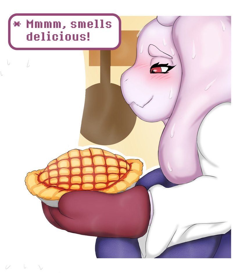 anthro big_breasts blush bodily_fluids breasts clothing female food fur horn huge_breasts mature_female overweight overweight_anthro overweight_female pastry pie slightly_chubby slightly_chubby_female solo tight_clothing white_body white_fur neo_geppetto undertale undertale_(series) boss_monster_(undertale) bovid caprine mammal comic digital_media_(artwork) hi_res