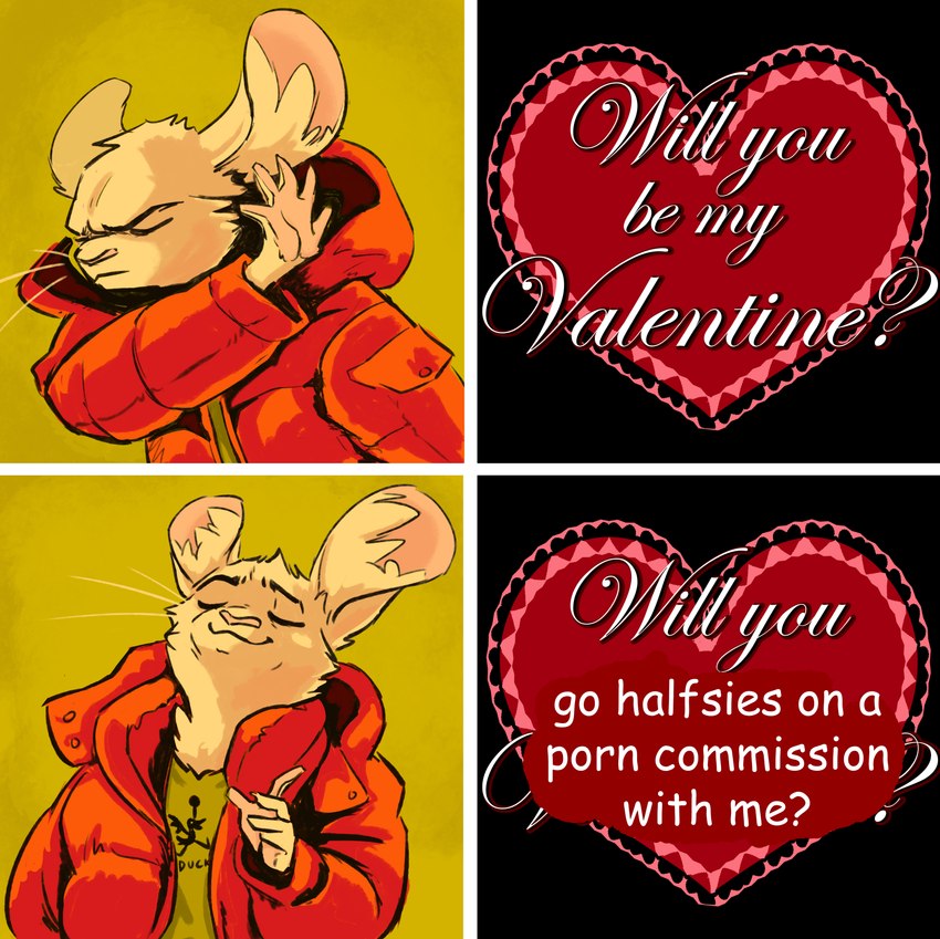 eyes_closed frown fur heart_symbol holidays inner_ear_fluff male smile tan_body tan_fur text tuft whiskers winter_coat animancer drakeposting valentine's_day luck_(animancer) dipodid jerboa mammal rodent english_text hi_res meme