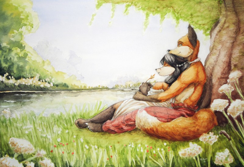 5_toes anthro barefoot clothed clothing day detailed_background duo feet female grass humanoid_feet jewelry male outside plant plantigrade sky smile toes topless torc tree woadedfox furrow_(woadedfox) hurain_(woadedfox) canid canine fox mammal 2014 absurd_res hi_res traditional_media_(artwork)