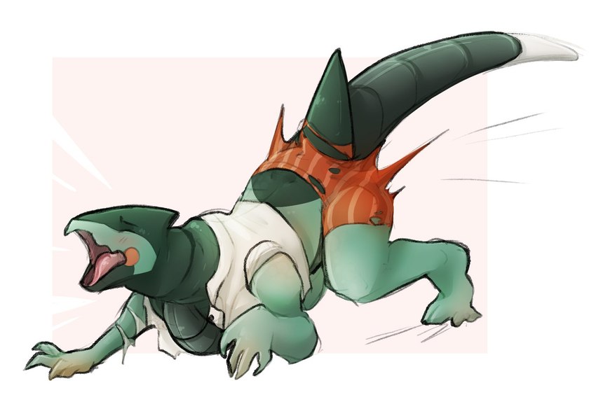 all_fours blush claws clothed clothing dewlap_(anatomy) eyes_closed feral green_body green_scales growth gular_flap male open_mouth scale_growth scales solo species_transformation tail tail_growth tailsplosion tongue torn_clothing transformation hybrid_kane nintendo pokemon cyclizar generation_9_pokemon lizard pokemon_(species) reptile scalie