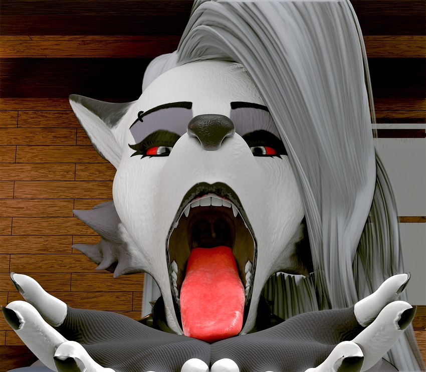 anthro anthro_pred black_lips black_lipstick female fur hair imminent_vore lips lipstick makeup oral_invitation red_sclera solo tongue tongue_out uvula white_body white_fur white_hair redblast sirnurbs helluva_boss mythology loona_(helluva_boss) loona_(sirnurbs) canid canid_demon canine canis demon hellhound mammal mythological_canine mythological_creature wolf 3d_(artwork) blender_(artwork) digital_media_(artwork) hi_res