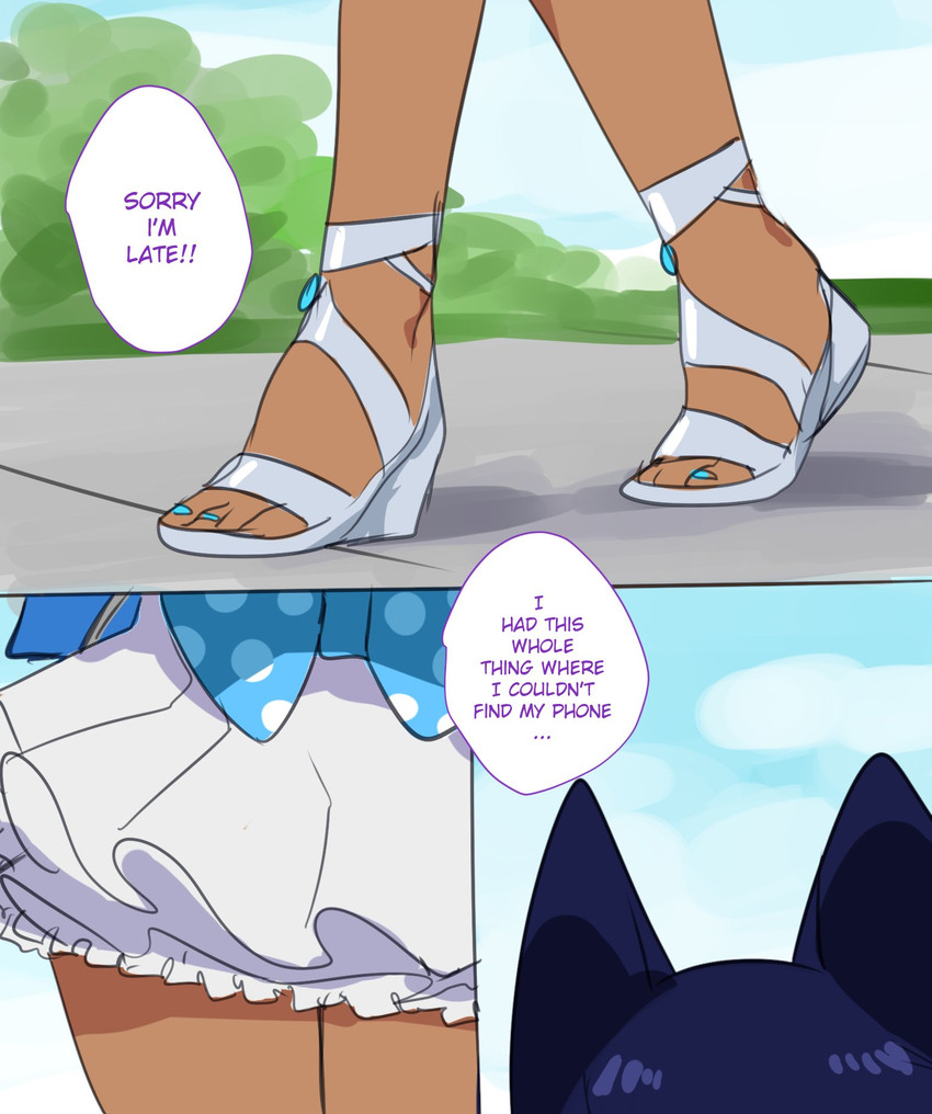 blue_hair clothed clothing dark_body dark_skin dialogue dress female footwear hair outside shoes solo text lightsource murasaki_(lightsource) animal_humanoid cat_humanoid felid felid_humanoid feline feline_humanoid humanoid mammal mammal_humanoid comic english_text hi_res male_(lore)