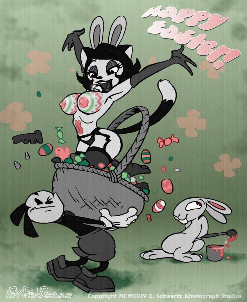 3_toes 4_fingers anthro areola arms_above_head armwear basket bell bell_collar big_breasts black_body black_clothing black_fur black_hair black_lips black_panties black_underwear bodypaint breasts brush candy candy_corn clothed clothed_male clothing collar container dessert dipstick_tail easter_basket easter_breasts easter_egg elbow_gloves eyeshadow fake_ears fake_rabbit_ears feet female female_focus fingers food fur garter_belt garter_straps gloves green_background grey_body grey_fur group hair handwear holding_object holidays jingle_bell jingle_bell_collar legwear lips looking_down makeup male markings medium_hair navel open_mouth open_smile paintbrush painted_belly painted_breasts panties partially_clothed_female pink_areola plantigrade raised_arms simple_background smile solo_focus stockings tail tail_markings text thick_lips toes topless topless_female trio underwear eric_schwartz easter furafterdark bingo_(ews) kitty_cooper domestic_cat felid feline felis inkblot lagomorph leporid mammal rabbit 2024 digital_media_(artwork) english_text film_grain hi_res url