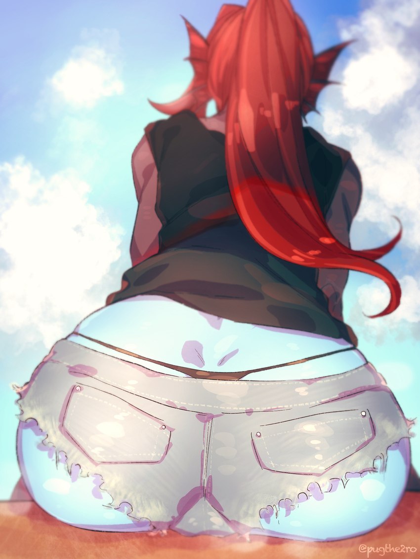 blue_body blue_skin bottomwear butt butt_focus clothing female fin hair ponytail red_hair shorts solo thong underwear pugthe2ro undertale undertale_(series) undyne animal_humanoid fish fish_humanoid humanoid marine marine_humanoid 3:4 hi_res