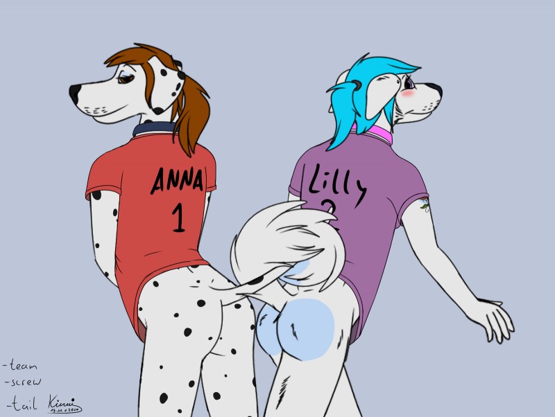 anthro blush bottomless butt clothed clothing collar duo ear_piercing female hair piercing ponytail shirt tattoo text topwear kinaj anna_(kinaj) lilly_(lilly.the.husky) canid canine canis dalmatian domestic_dog husky mammal nordic_sled_dog spitz 2020 english_text hi_res