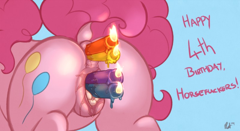 anal anal_penetration anus butt candle cutie_mark double_penetration female feral fur genitals hair improvised_sex_toy penetration pink_body pink_fur pink_hair pussy quadruped simple_background solo text vaginal vaginal_penetration ratofdrawn friendship_is_magic hasbro my_little_pony pinkie_pie_(mlp) earth_pony equid equine horse mammal pony 2014 digital_media_(artwork) english_text