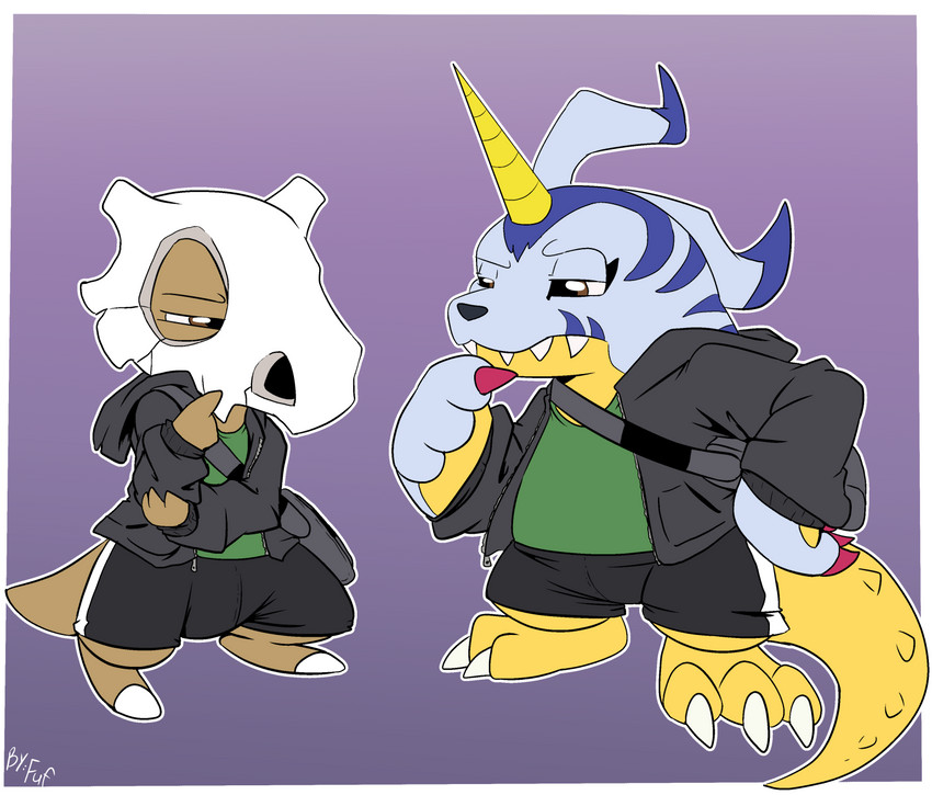 ambiguous_gender anthro brown_body clothed clothing duo gradient_background horn narrowed_eyes simple_background unicorn_horn yellow_body fuf bandai_namco digimon nintendo pokemon emad emad_the_cubone emad_the_gabumon cubone digimon_(species) gabumon generation_1_pokemon pokemon_(species) hi_res