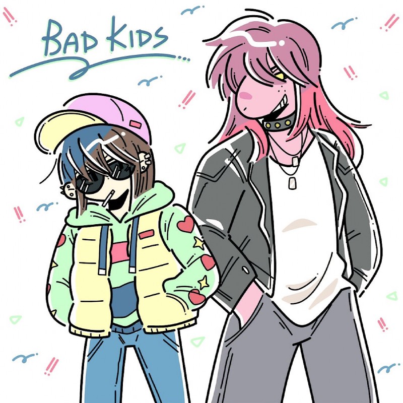 1990s_theme anthro clothed clothing dog_tags duo fashion female hair male simple_background smile teeth text yzmmde_(artist) deltarune undertale_(series) kris_(deltarune) susie_(deltarune) human mammal reptile scalie 1:1 2019 digital_media_(artwork)