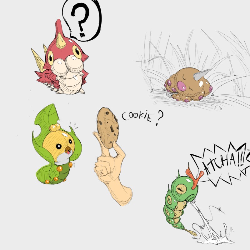 ambiguous_gender cookie dialogue eyes_closed feral food grey_background group simple_background text dryadex nintendo pokemon arthropod caterpie generation_1_pokemon generation_3_pokemon generation_5_pokemon insect pokemon_(species) sewaddle weedle wurmple 1:1 english_text hi_res