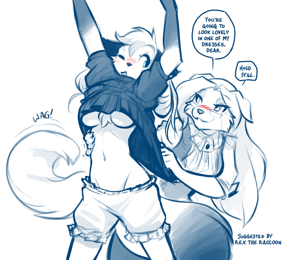 anthro biped blush bottomwear breasts claws clothed clothed_anthro clothed_female clothing dressing female fingers front_view fully_clothed fully_clothed_anthro fully_clothed_female fur hair medium_breasts navel standing tail text topwear under_boob conditional_dnp tom_fischbach twokinds erilas_(twokinds) mike_(twokinds) keidran 2026 digital_drawing_(artwork) digital_media_(artwork) english_text hi_res