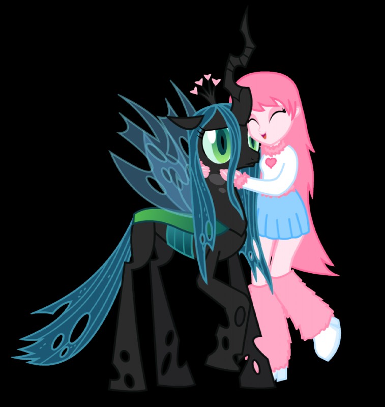 alternate_species clothing duo female fur green_eyes green_hair hair heart_symbol hole_(anatomy) horn hug humanized insect_wings pink_hair pupils simple_background slit_pupils transparent_background wings mixermike622 friendship_is_magic hasbro my_little_pony fan_character fluffle_puff queen_chrysalis_(mlp) arthropod changeling human mammal 2014 alpha_channel