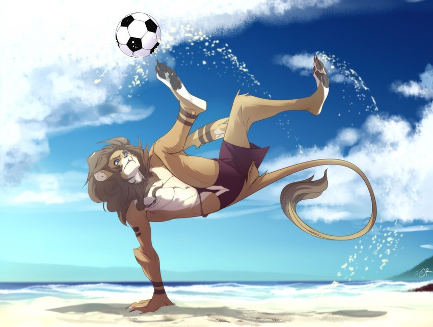 acrobatics action_pose anthro athletic athletic_anthro athletic_male ball beach black_pawpads blue_eyes bottomwear brown_body brown_fur brown_hair brush_tail clothed clothing cloud countershade_feet countershade_torso countershading day feet fur furgonomics hair looking_at_object male mane mane_hair markings multicolored_body multicolored_fur outside pawpads pose red_bottomwear red_clothing red_shorts sand seaside shirtless_anthro shirtless_male shore shoreline shorts sky soccer soccer_ball solo sport striped_arms striped_legs striped_markings stripes swimming_trunks swimwear tail text topless topless_anthro topless_male two_tone_body two_tone_fur water white_body white_fur peritian orion_(spiralstaircase) felid lion mammal pantherine 2019 artist_name digital_drawing_(artwork) digital_media_(artwork) english_text signature