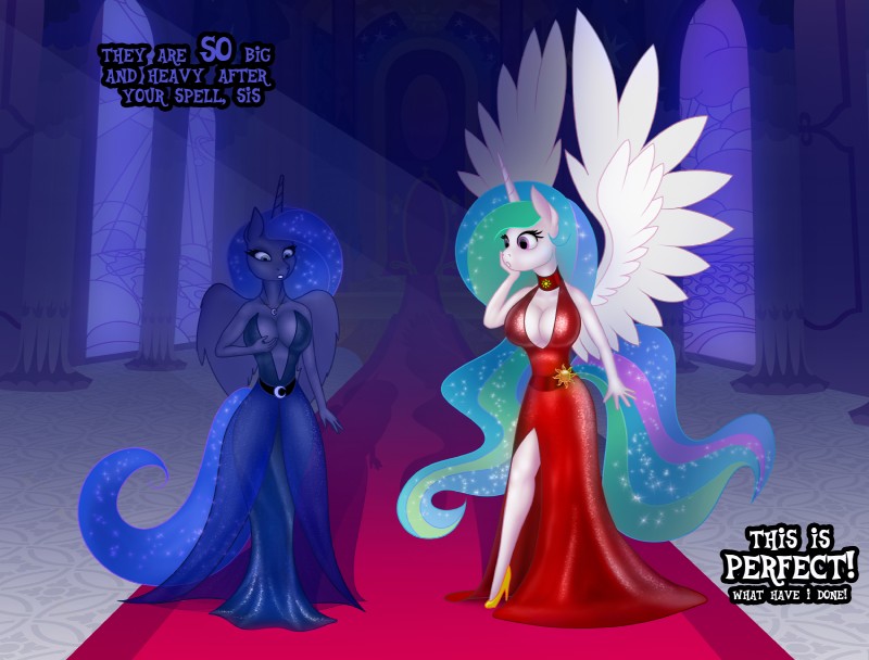 anthro big_breasts breast_expansion breasts castle cleavage clothed clothing dress duo expansion female footwear hair high_heels horn magic shoes side_slit side_slit_clothing side_slit_dress spread_wings text wing_boner wings eqamrd friendship_is_magic hasbro my_little_pony princess_celestia_(mlp) princess_luna_(mlp) equid equine horse mammal pony digital_media_(artwork) english_text hi_res