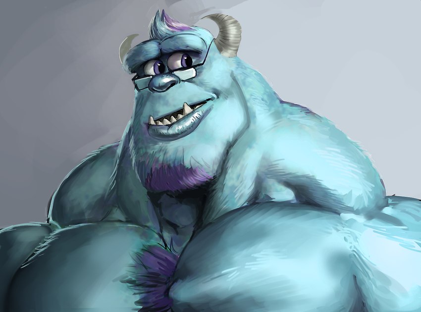 big_muscles blue_eyes blue_lips chest_tuft eyewear facial_hair glasses goatee horn huge_muscles hyper hyper_muscles lips male muscular neck_muscles pecs solo tuft remert disney monsters_inc pixar sulley monster