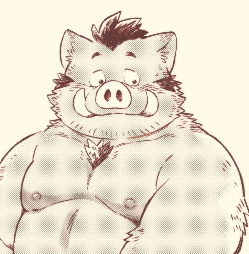 anthro belly blush kemono male moobs nipples overweight overweight_male simple_background solo garouzuki mammal suid suine sus_(pig) wild_boar 2024 monochrome portrait