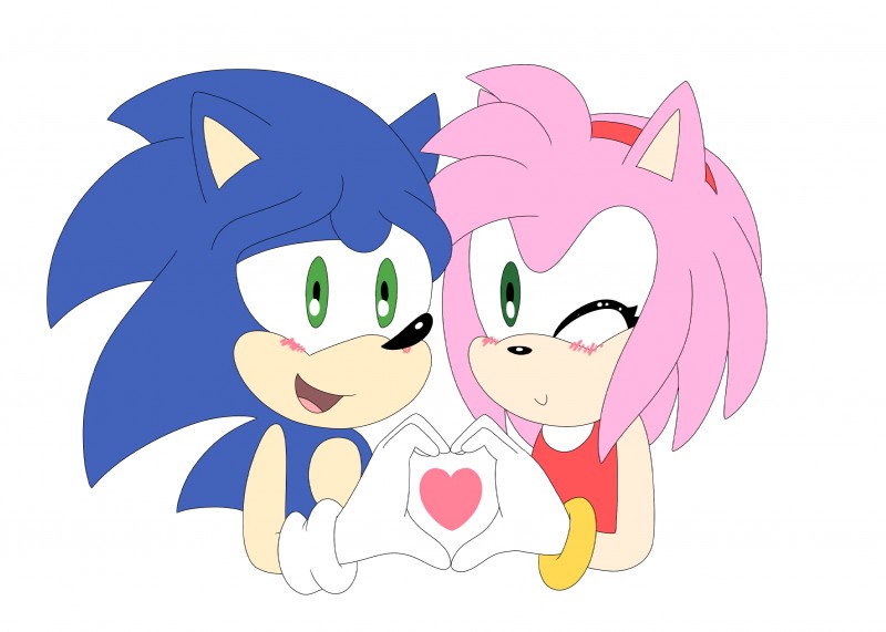 anthro blush duo female heart_symbol male one_eye_closed smile wink chocolatechippi sega sonic_the_hedgehog_(series) amy_rose sonic_the_hedgehog eulipotyphlan hedgehog mammal hi_res