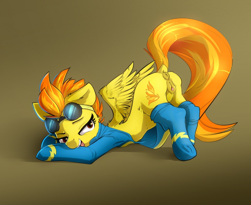 anatomically_correct anatomically_correct_genitalia anatomically_correct_pussy animal_genitalia animal_pussy ass_up butt clitoris clothed clothed_feral clothing cutie_mark dock_(anatomy) equine_genitalia equine_pussy feathered_wings feathers female feral genitals hair multicolored_hair open_mouth orange_hair pussy solo tail two_tone_hair wings yellow_body yellow_feathers eto_ya friendship_is_magic hasbro my_little_pony mythology spitfire_(mlp) wonderbolts_(mlp) equid equine mammal mythological_creature mythological_equine pegasus 2016 hi_res