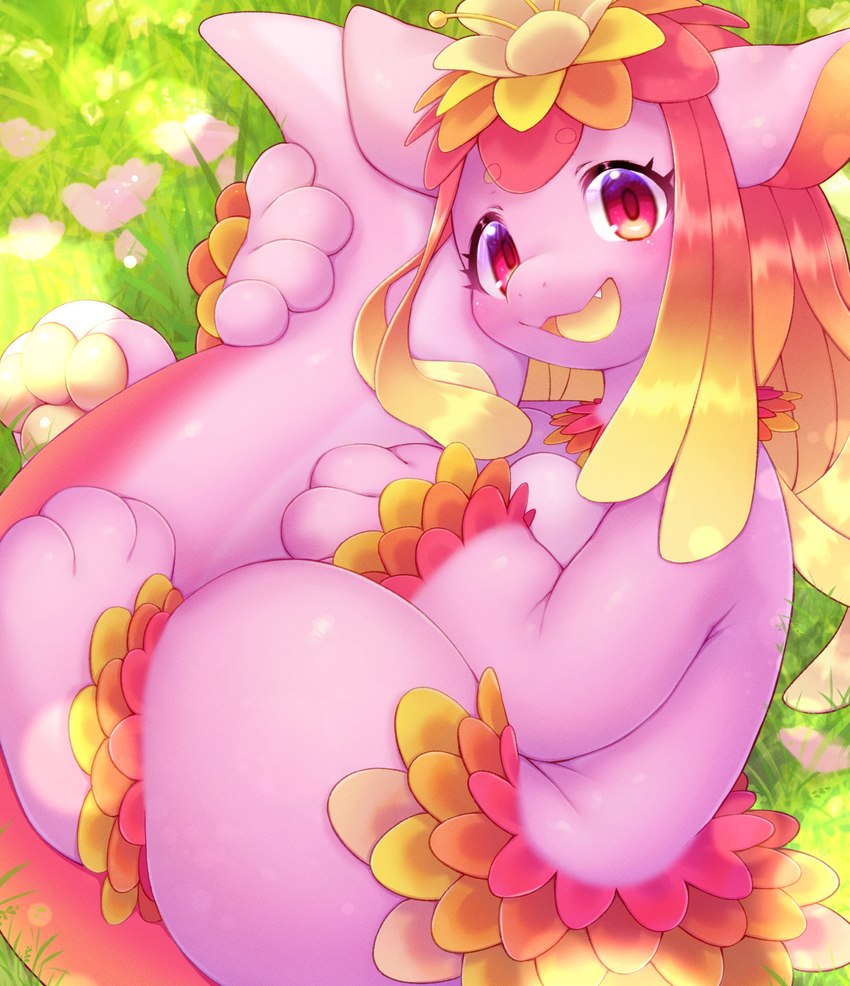 anthro breasts female flower grass grassland holding_tail kemono looking_at_viewer nude open_mouth open_smile outside pawpads petals pink_body pink_eyes plant plant_hair pseudo_hair smile solo tail thick_tail thick_thighs wide_hips yellow_mouth yellow_pawpads 0suzu_illust mythology lilac_(pyritie) dragon elemental_creature flora_fauna flower_creature mythological_creature mythological_scalie scalie 2023 absurd_res digital_media_(artwork) hi_res