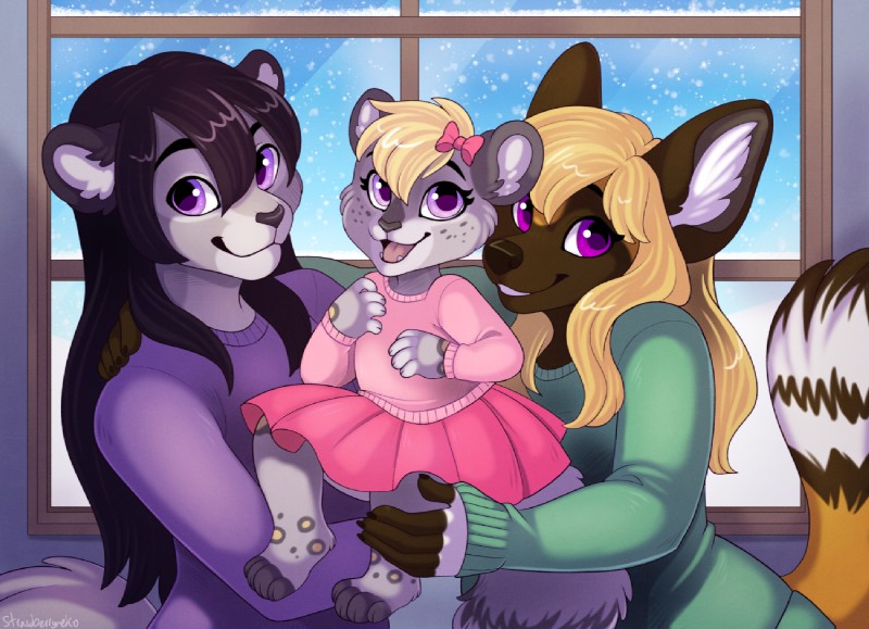 anthro family female group smile snow young young_anthro strawberryneko canid canine felid mammal pantherine snow_leopard