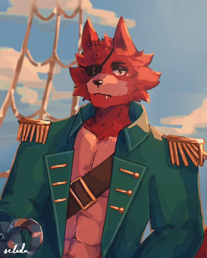 abs anthro clothed clothing epaulet eye_patch eyewear fangs fur hook hook_hand male muscular muscular_anthro muscular_male open_clothing open_topwear overcoat pecs pirate red_body red_fur single_tooth sky sky_background solo teeth topwear yellow_eyes selada five_nights_at_freddy's scottgames foxy_(fnaf) canid canine fox mammal 2022 digital_media_(artwork) hi_res