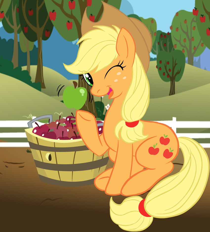 apple blonde_hair clothing cowboy_hat cutie_mark eyelashes female fence feral food freckles fruit green_eyes hair hat headgear headwear hooves looking_at_viewer one_eye_closed open_mouth open_smile orange_body orchard plant smile solo tail wink winking_at_viewer yellow_tail g-blue16 friendship_is_magic hasbro my_little_pony applejack_(mlp) earth_pony equid equine horse mammal pony 2013 digital_media_(artwork) hi_res