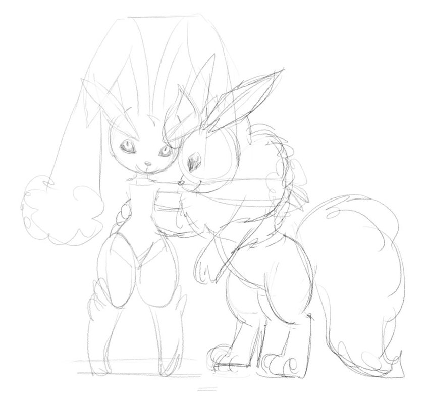 duo female feral fluffy fluffy_tail fur hug looking_at_viewer male male/female paws smile standing tail carniscorner nintendo pokemon arth_the_flareon cream_the_lopunny eeveelution flareon generation_1_pokemon generation_4_pokemon lopunny pokemon_(species) 2016 monochrome sketch