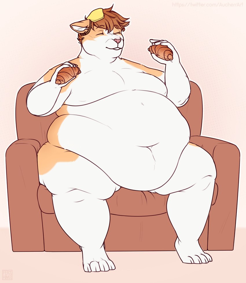 anthro belly big_belly bread brown_hair chair croissant food fur furniture hair holding_food holding_object male moobs navel on_chair orange_body orange_fur overweight overweight_male pastry short_hair simple_background sitting sitting_on_chair smile solo white_body white_fur aucherr domestic_cat felid feline felis mammal 2024 absurd_res hi_res