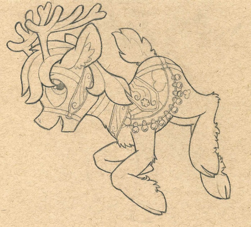 alternate_species antlers ass_up cloven_hooves cutie_mark fashion_saddle harness holidays hooves horn male open_mouth raised_tail short_tail side_view solo tail petrock christmas hasbro my_little_pony ponder deer mammal new_world_deer reindeer graphite_(artwork) hi_res monochrome traditional_media_(artwork)