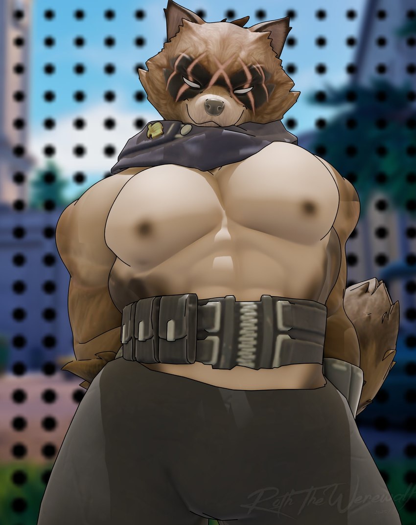 abs anthro armor asian_clothing barazoku belt belt_pouch biceps big_muscles bottomwear brown_body brown_fur brown_nipples clothed clothing east_asian_clothing eye_scar facial_markings facial_scar fluffy fluffy_tail front_view fur gauntlets gloves grin grinning_at_viewer hair hands_behind_back handwear head_markings headgear headwear japanese_clothing kerchief leaf looking_at_viewer male markings mask_(marking) muscular muscular_anthro muscular_male narrowed_eyes naughty_face neckerchief neckwear nipples outside pants partially_clothed pecs plant scar seductive shirtless shirtless_anthro shirtless_male smile smirk solo standing straps tail tan_body tan_fur thick_arms topless topless_anthro topless_male topwear tree white_eyes anaroth camseven_(modeler) epic_games fortnite hajime_(fortnite) canid canine mammal raccoon_dog tanuki 2025 3d_(artwork) absurd_res digital_media_(artwork) hi_res portrait three-quarter_portrait watermark