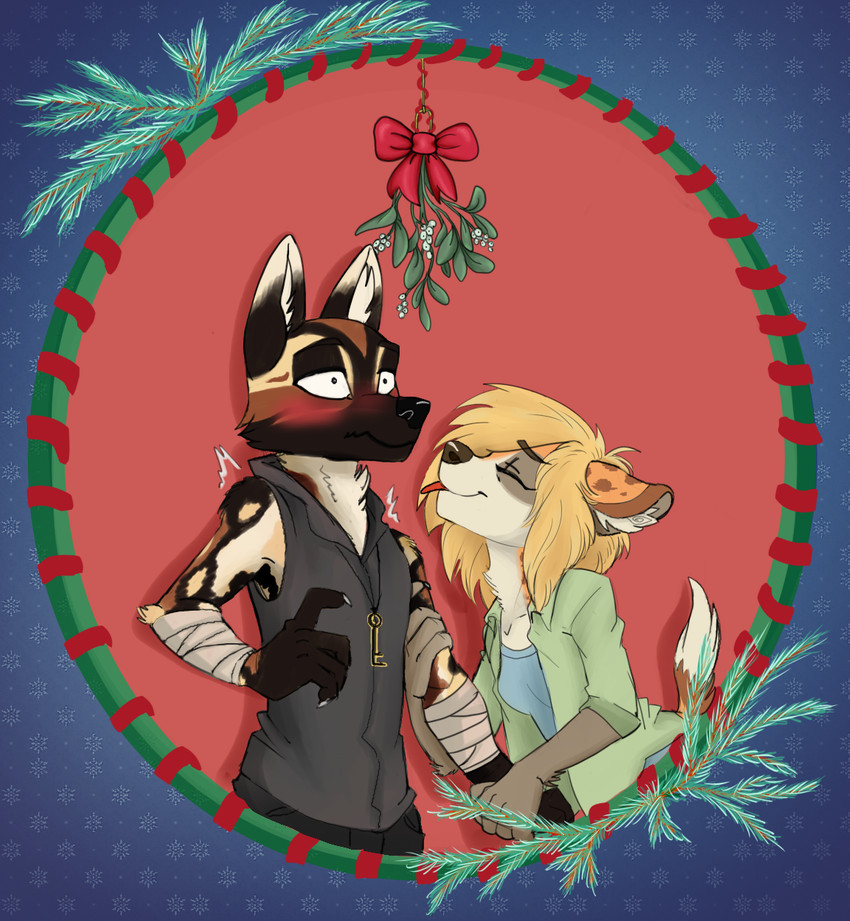 anthro bandage bandaged_arm blep blush clothed clothing duo female holidays licking male male/female mistletoe pine_needles plant ribbons romantic romantic_couple snowflake surprise tongue tongue_out kiwi_cutie christmas luna_(rednet111) canid canine canis domestic_dog hyena mammal nora_(disambiguation) hi_res