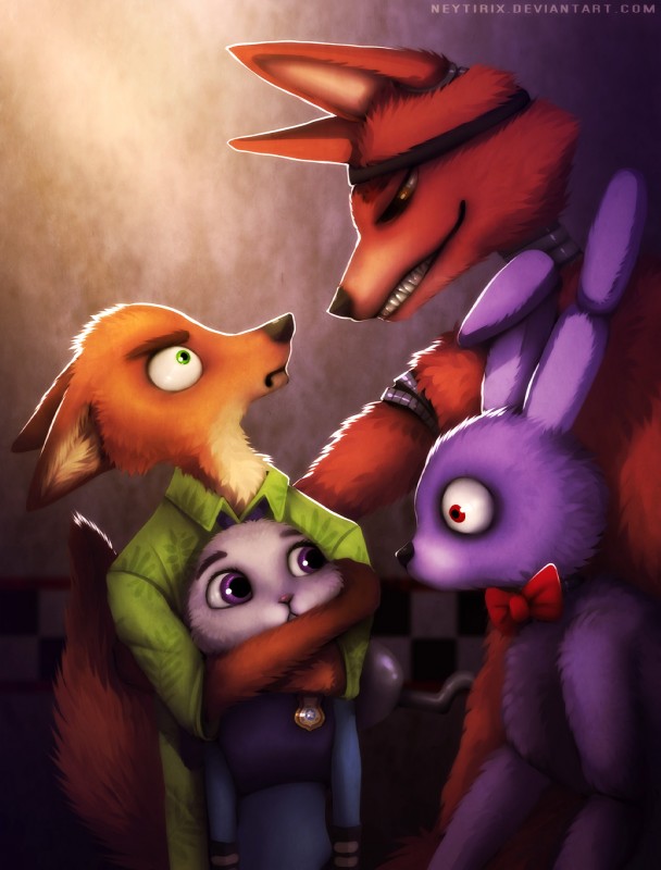 bonnie, foxy, judy hopps, and nick wilde (five nights at freddy's and etc) created by neytirix