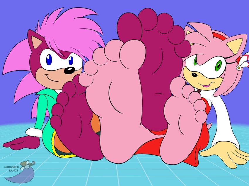 5_toes barefoot duo feet female foot_fetish foot_focus soles toes sorcererlance sega sonic_the_hedgehog_(series) sonic_underground amy_rose sonia_the_hedgehog eulipotyphlan hedgehog mammal 4:3