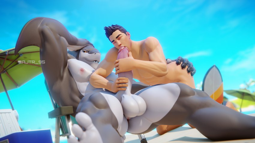 abs anthro anthro_penetrating anthro_penetrating_human anus balls beach big_balls big_dom_small_sub big_muscles big_pecs big_penis black_hair butt butt_grab dominant dominant_anthro dominant_male duo genitals grey_body hair hand_on_butt handjob holding_partner huge_balls huge_penis human_on_anthro human_penetrated interspecies larger_anthro larger_male long_penis male male/male male_penetrated male_penetrating male_penetrating_male multicolored_body muscular muscular_anthro muscular_human muscular_male nipples nude oral oral_penetration pecs penetration penile penis sand sex size_difference smaller_human smaller_male smaller_penetrated submissive submissive_human submissive_male water white_body ajtr_95 kuyo_(arcadegig) fish human mammal marine shark 16:9 3d_(artwork) 4k absurd_res digital_media_(artwork) hi_res signature widescreen