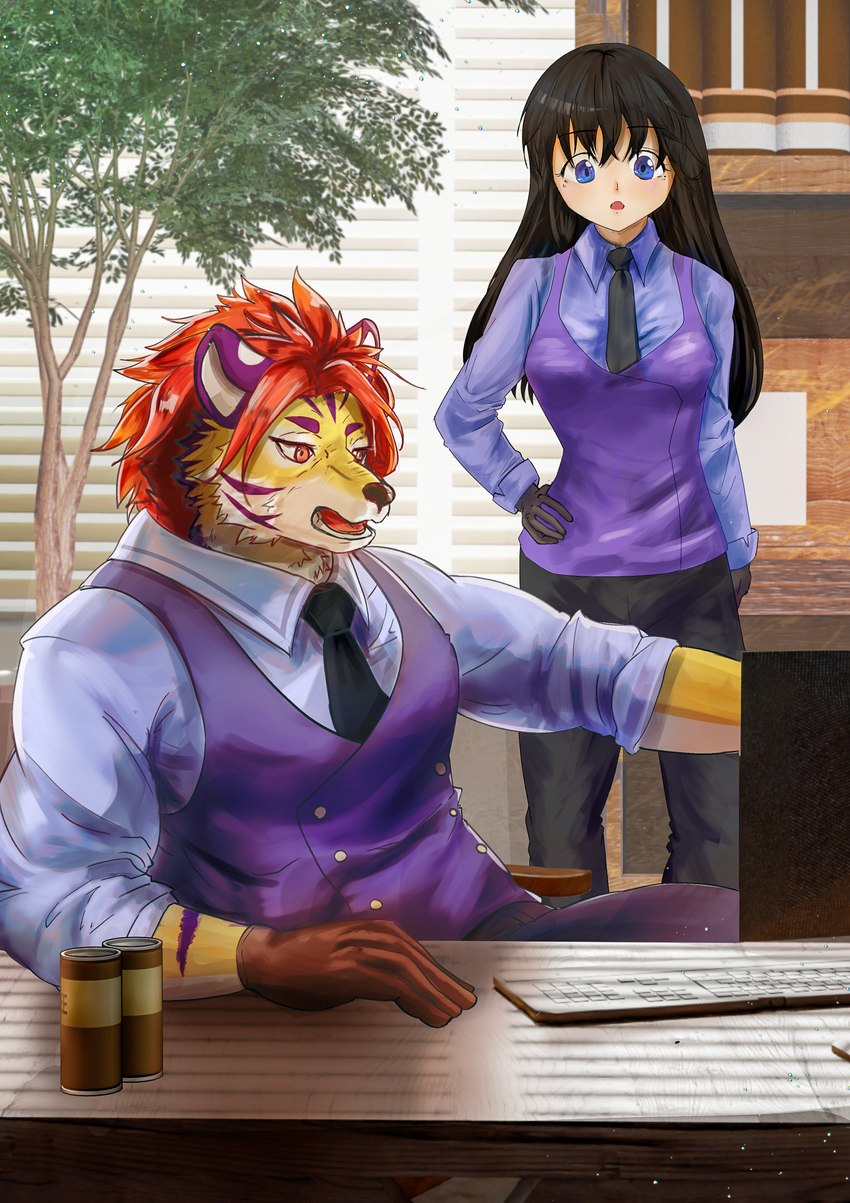 clothed clothing duo female fur gloves hair handwear male male/female muscular necktie open_mouth red_eyes red_hair shirt topwear martuguma lifewonders tokyo_afterschool_summoners female_protagonist_(tas) nomad_(tas) protagonist_(tas) felid human mammal pantherine tiger absurd_res digital_media_(artwork) hi_res