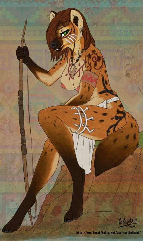 anthro biped bodypaint bottomwear bow_(weapon) breasts brown_hair claws clothed clothing digitigrade ear_piercing eyelashes female green_eyes hair holding_object jewelry loincloth looking_at_viewer necklace nipples piercing pink_nipples ranged_weapon sitting solo toe_claws topless weapon whiskers xolkuikani hyena mammal spotted_hyena 2019 absurd_res hi_res