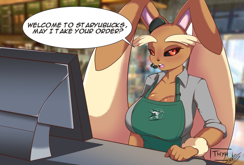 anthro apron big_breasts breasts brown_body brown_fur clothed clothing dialogue electronics female fur headgear headphones headset solo text thyhsilverfeet nintendo pokemon generation_4_pokemon lopunny pokemon_(species) absurd_res english_text hi_res