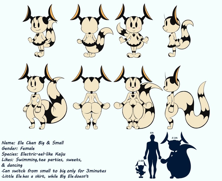 antennae_(anatomy) anthro big_tail chibi featureless_chest featureless_crotch female solo tail text thick_thighs wide_hips fatalafterdark ultraman_(series) ele_chan eleking alien fish marine english_text hi_res model_sheet