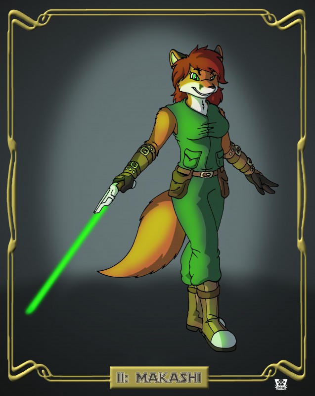 anthro armor bag belt boots border breasts clothing coveralls female footwear fur gauntlets gloves green_eyes green_lightsaber hair handwear holding_object holding_weapon jedi leather lightsaber markings melee_weapon orange_body orange_fur pose red_hair shoes simple_background smile solo text weapon wrist_guards valy_j._thunderbeast star_wars keris_(path_of_the_sentinel) alien alien_humanoid amaran canid canine fox humanoid mammal absurd_res hi_res