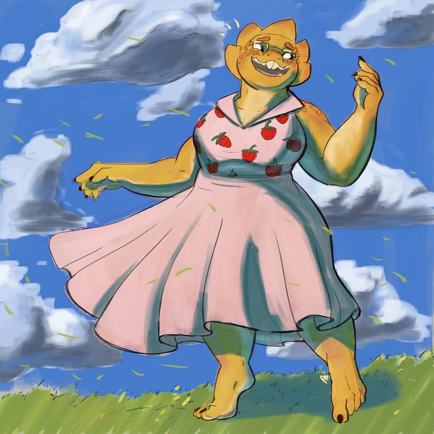 anthro breasts buckteeth clothed clothing eyewear female freckles glasses non-mammal_breasts open_mouth simple_background slightly_chubby smile solo teeth wide_hips yellow_body red_breadd undertale undertale_(series) alphys dinosaur lizard monster prehistoric_species reptile scalie 1:1 digital_media_(artwork) hi_res