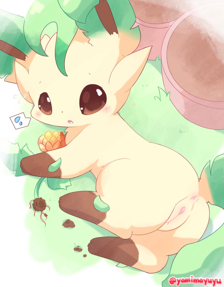 anus blush female feral flower genitals grass humanoid_genitalia humanoid_genitalia_on_feral humanoid_pussy humanoid_pussy_on_feral lying on_side plant pussy solo yellow_body nakimayo nintendo pokemon eeveelution generation_4_pokemon leafeon pokemon_(species) hi_res