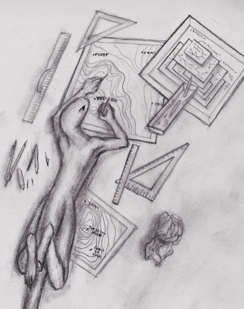 cartography crumpled_paper digitigrade drawing lying lying_on_ground map on_front on_ground pencil ruler tail dirtypaperjoe reptile scalie snake 2024 absurd_res graphite_(artwork) hi_res huge_filesize traditional_media_(artwork)