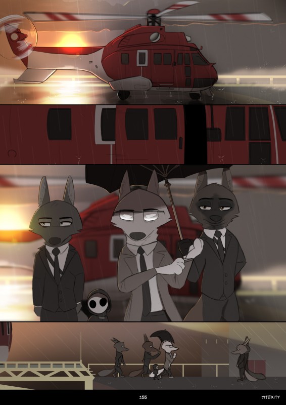 aircraft anthro barefoot clothed clothing cloud eyewear feet glasses group helicopter holding_object hood mask necktie outside raining suit umbrella vehicle yitexity disney zootopia fan_character omega_(yitexity) ryder_howell_(yitexity) canid canine canis mammal wolf 2019 absurd_res comic hi_res