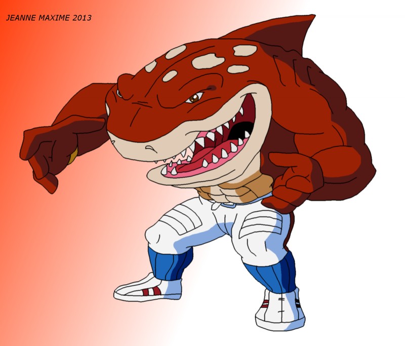 abs anthro biceps biped bottomwear brown_body brown_eyes brown_skin clothed clothing dorsal_fin fangs fin footwear gills grin male muscular muscular_anthro muscular_male open_mouth pants pecs pose shoes smile sneakers solo standing teeth tongue topless maxime-jeanne street_sharks slammu carpet_shark fish marine shark whale_shark 2013 hi_res